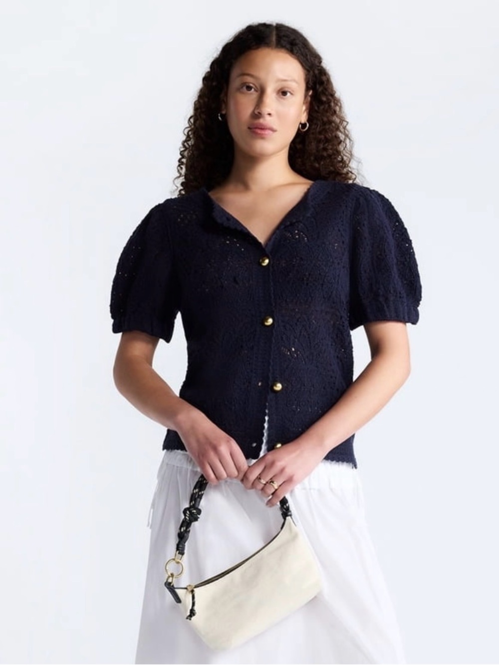 Navy Eyelet Puff-Sleeve Button-Front Sweater with Gold Buttons